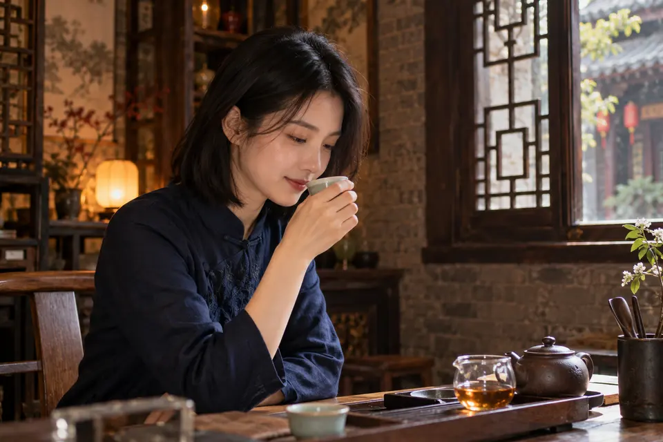 深色木作室内闻香品茶的场景