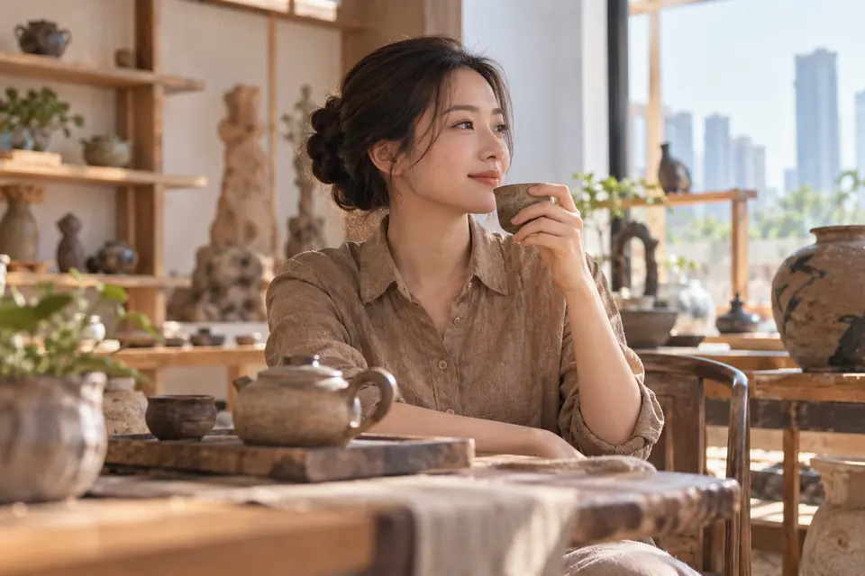 陶艺茶器工作室中的茶杯与陶器